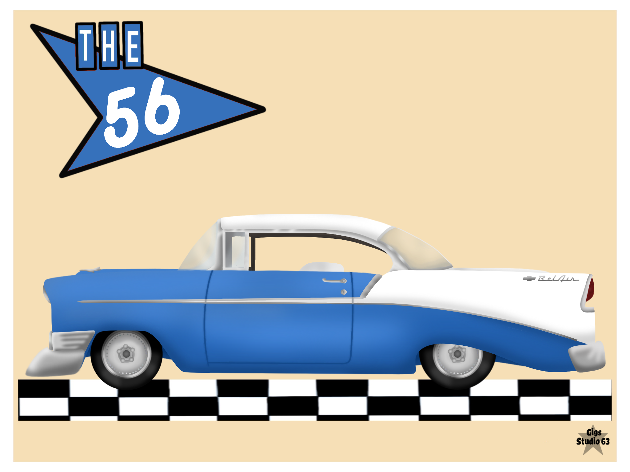 Digital Drawing of my Uncle's 1956 Chevy Bel Air, in 'Gooch' Blue and India Ivory